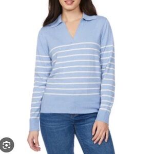 Loft Women's Fine Knit Sweater with Johnny Collar - Cotton Blend - Blue Stripe